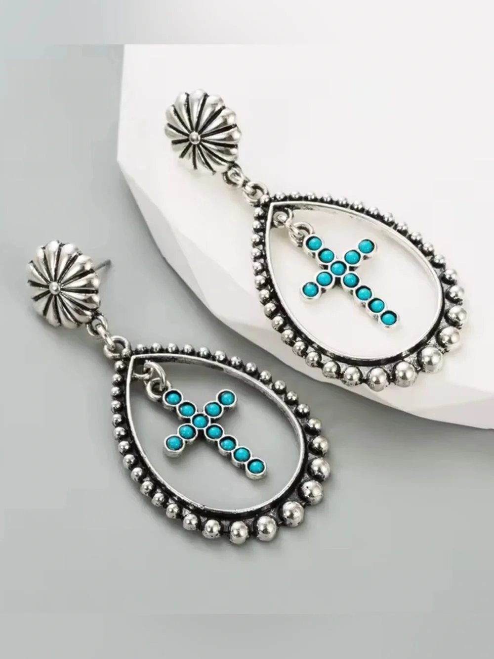 Silver Water Drop Turquoise Cross Drop Earrings Stainless Steel